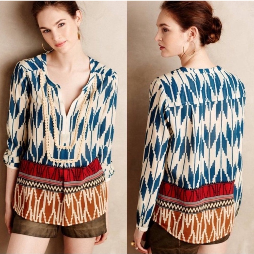 Anthropologie  |  Maeve 8 Aztec Tunic Rohana Embellished Henley Sheer Blouse